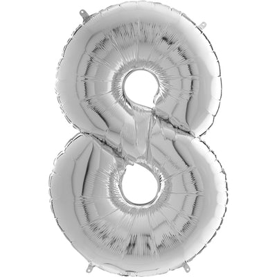 Silver number 8 foil balloon filled with helium
