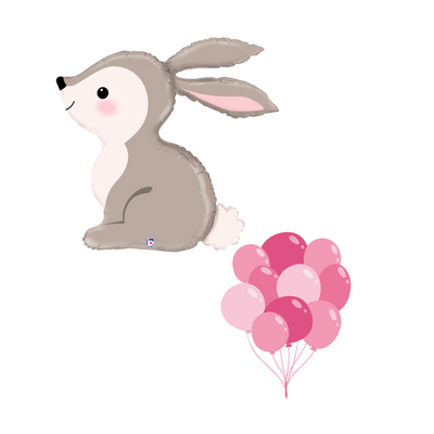 the cutest grey bunny with rosy pink cheeks, paired perfectly with shades of pink helium filled balloons.